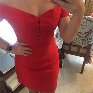 Guess Red Off The Shoulder Lace up Mini Dress